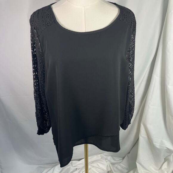 Skies Are Blue Black Blouse XLP Lace Crochet Sleeve Back Detail Classic Career‎ - Picture 14 of 14